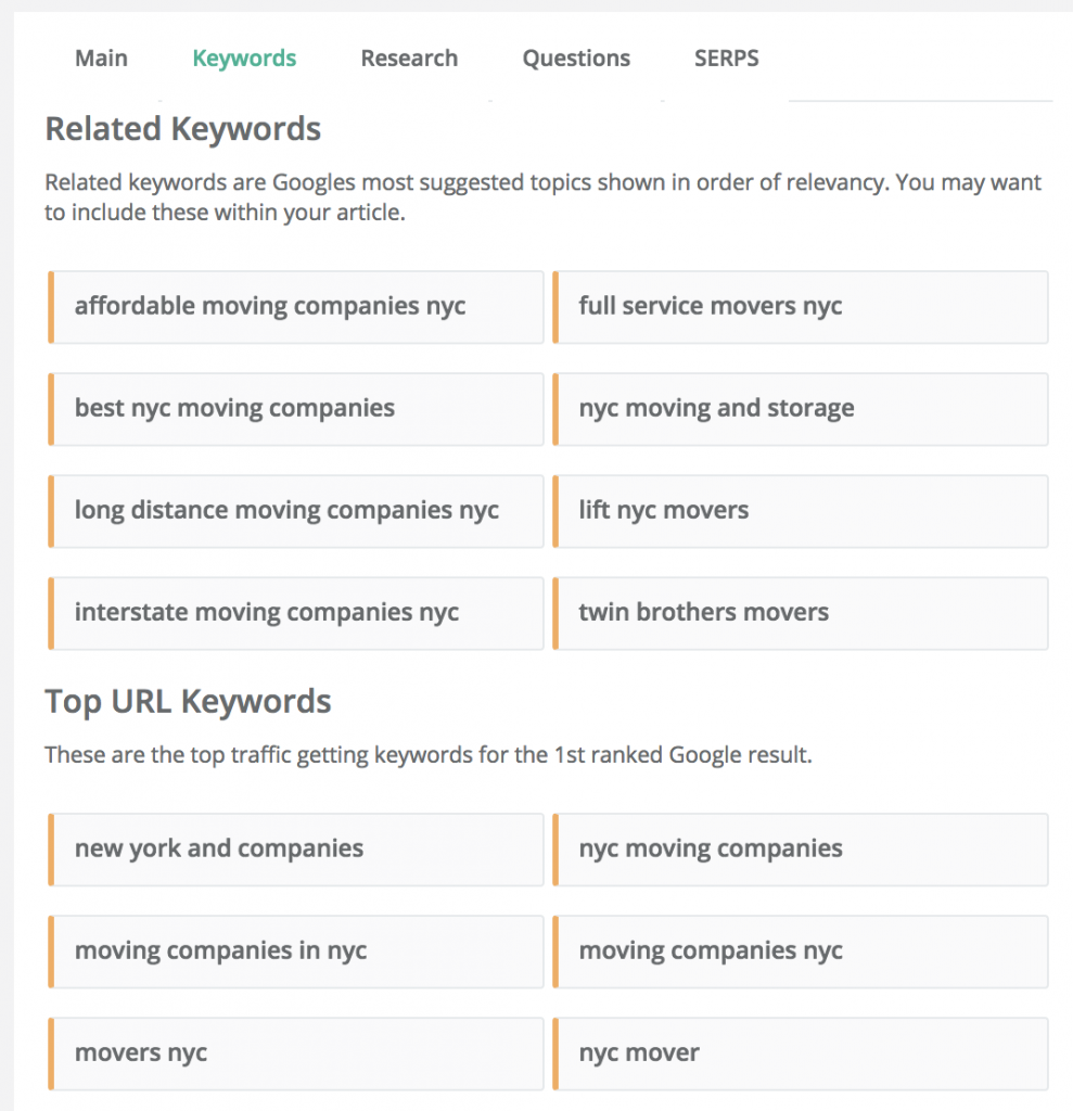 Content Assistant Keywords Tab